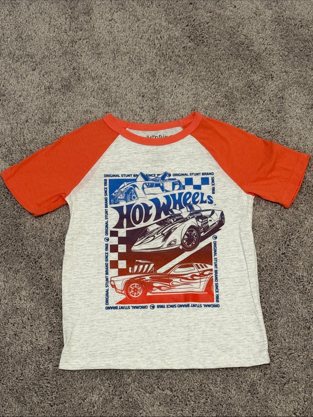 jumping beans White Tee with Orange Raglan Sleeves & Blue Car Graphic